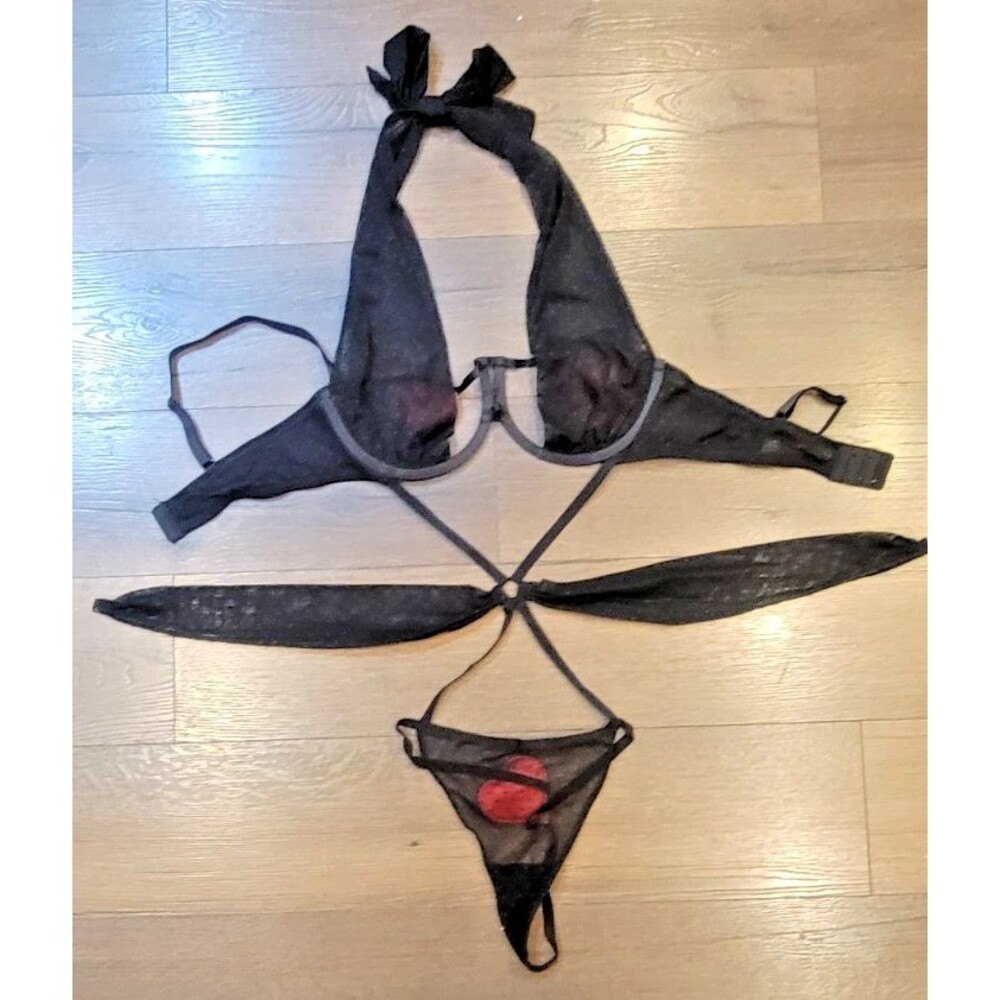 Adore Me Coco Teddy Unlined Bodysuit Large Black Red Hearts Valentines Sexy $55